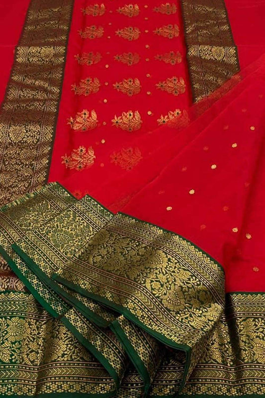 Red Handloom Chanderi Pure Katan Silk Saree - Luxurion World