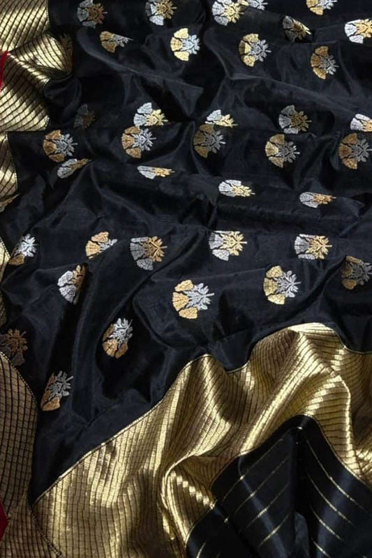 Elegant Black Handloom Chanderi Pure Katan Silk Saree - Luxurion World