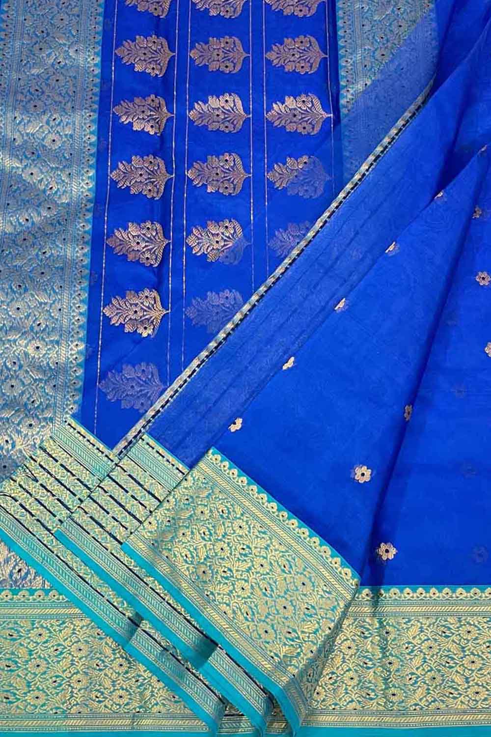 Blue Handloom Chanderi Pure Katan Silk Saree - Luxurion World