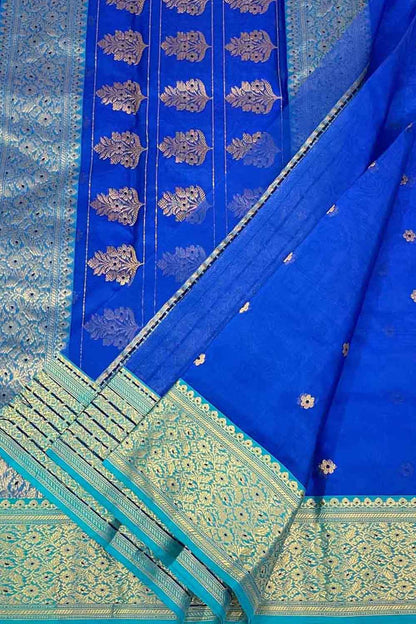 Blue Handloom Chanderi Pure Katan Silk Saree - Luxurion World