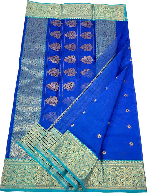 Blue Handloom Chanderi Pure Katan Silk Saree - Luxurion World