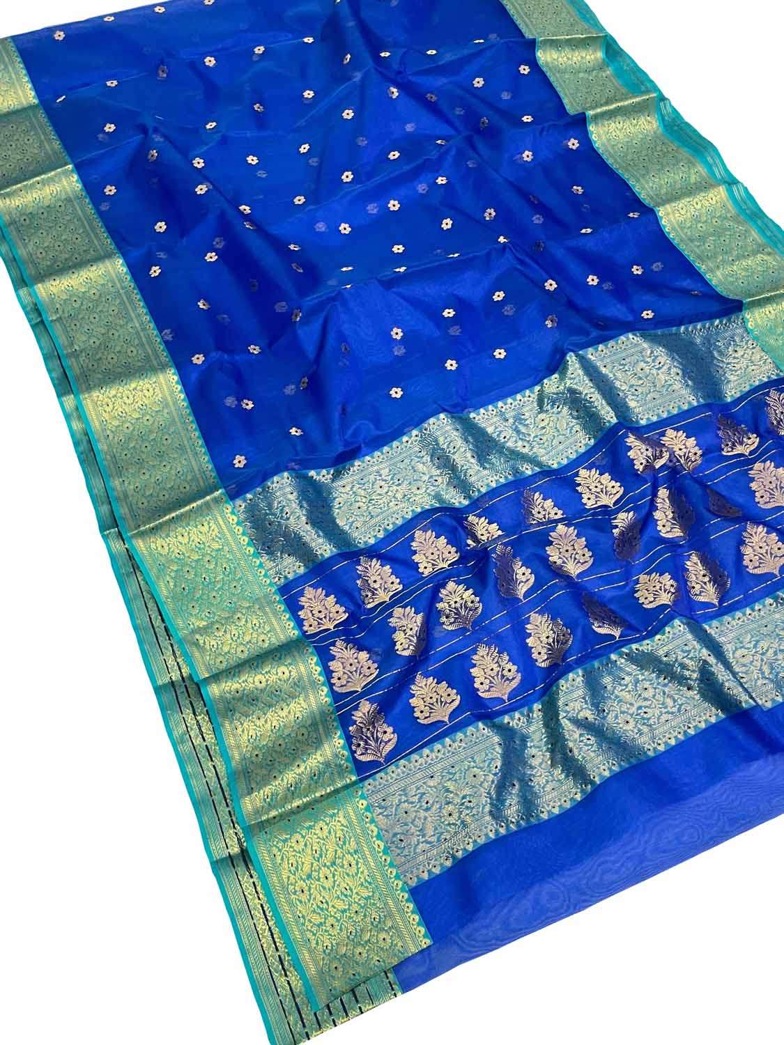 Blue Handloom Chanderi Pure Katan Silk Saree - Luxurion World