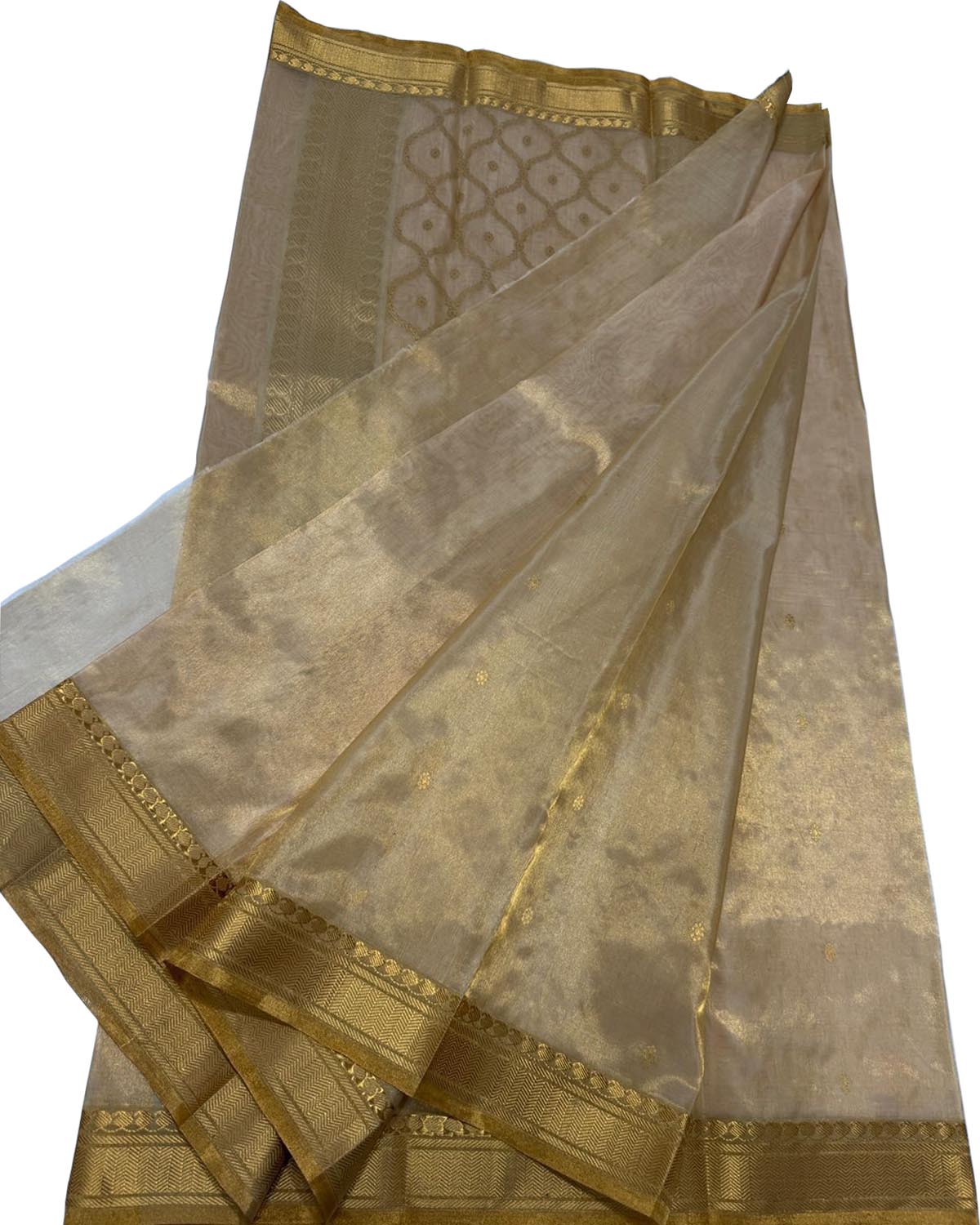 Exquisite Golden Handloom Chanderi Pure Tissue Katan Silk Saree - Luxurion World