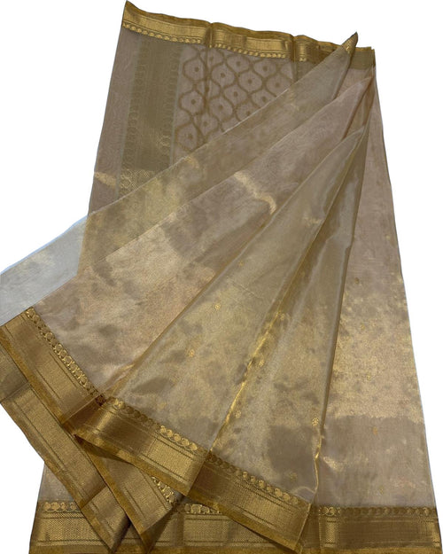 Exquisite Golden Handloom Chanderi Pure Tissue Katan Silk Saree - Luxurion World