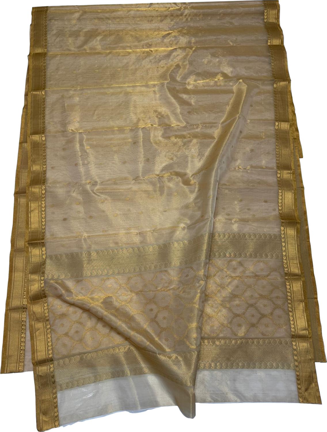 Exquisite Golden Handloom Chanderi Pure Tissue Katan Silk Saree - Luxurion World