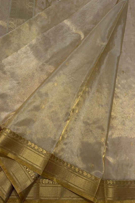 Exquisite Golden Handloom Chanderi Pure Tissue Katan Silk Saree - Luxurion World