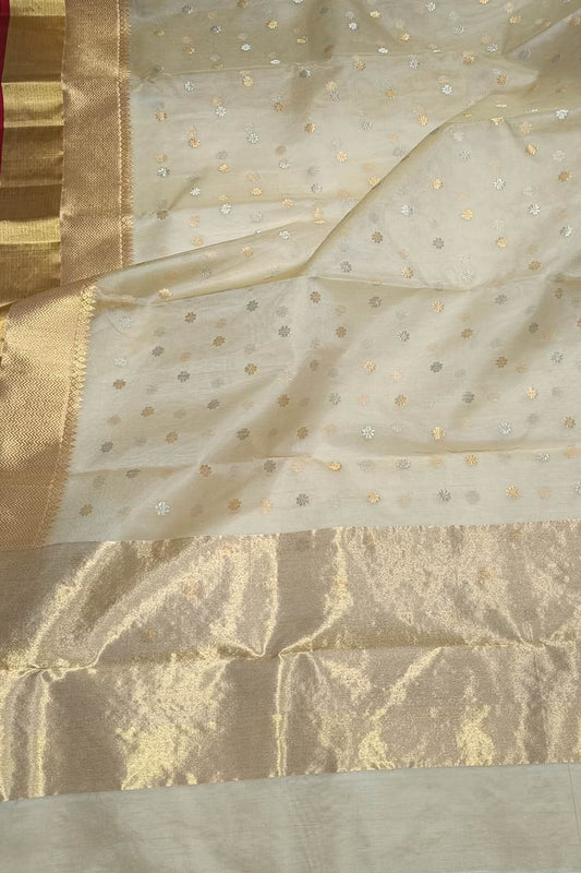 Golden Pure Pattu Silk Ek Naliya Handloom Chanderi Sona Roopa Saree - Luxurion World