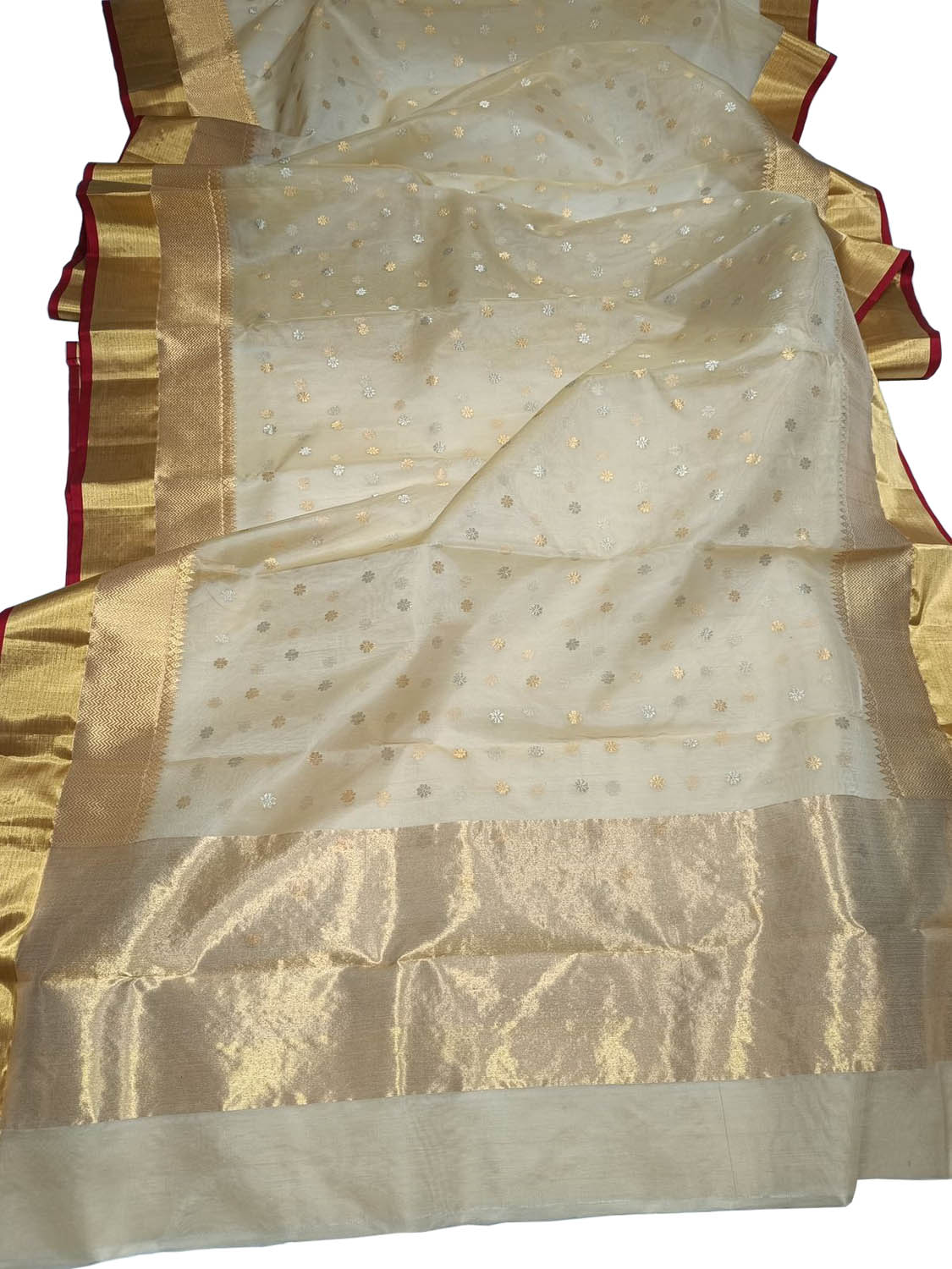 Golden Pure Pattu Silk Ek Naliya Handloom Chanderi Sona Roopa Saree - Luxurion World