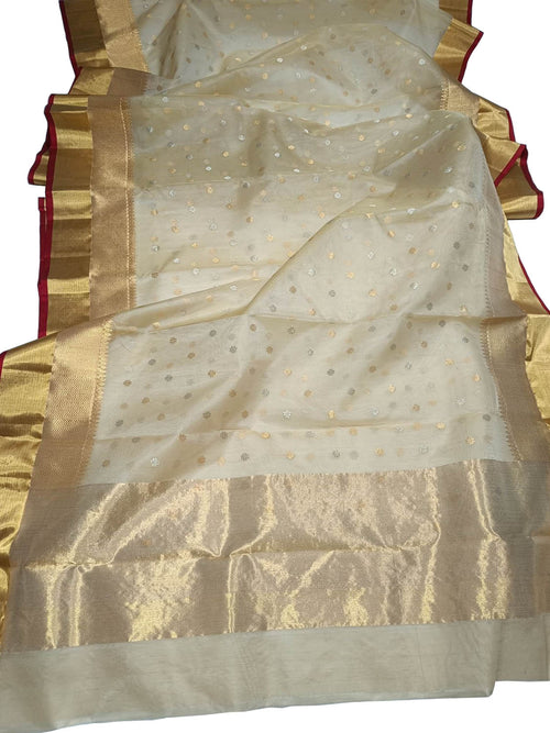 Golden Pure Pattu Silk Ek Naliya Handloom Chanderi Sona Roopa Saree - Luxurion World