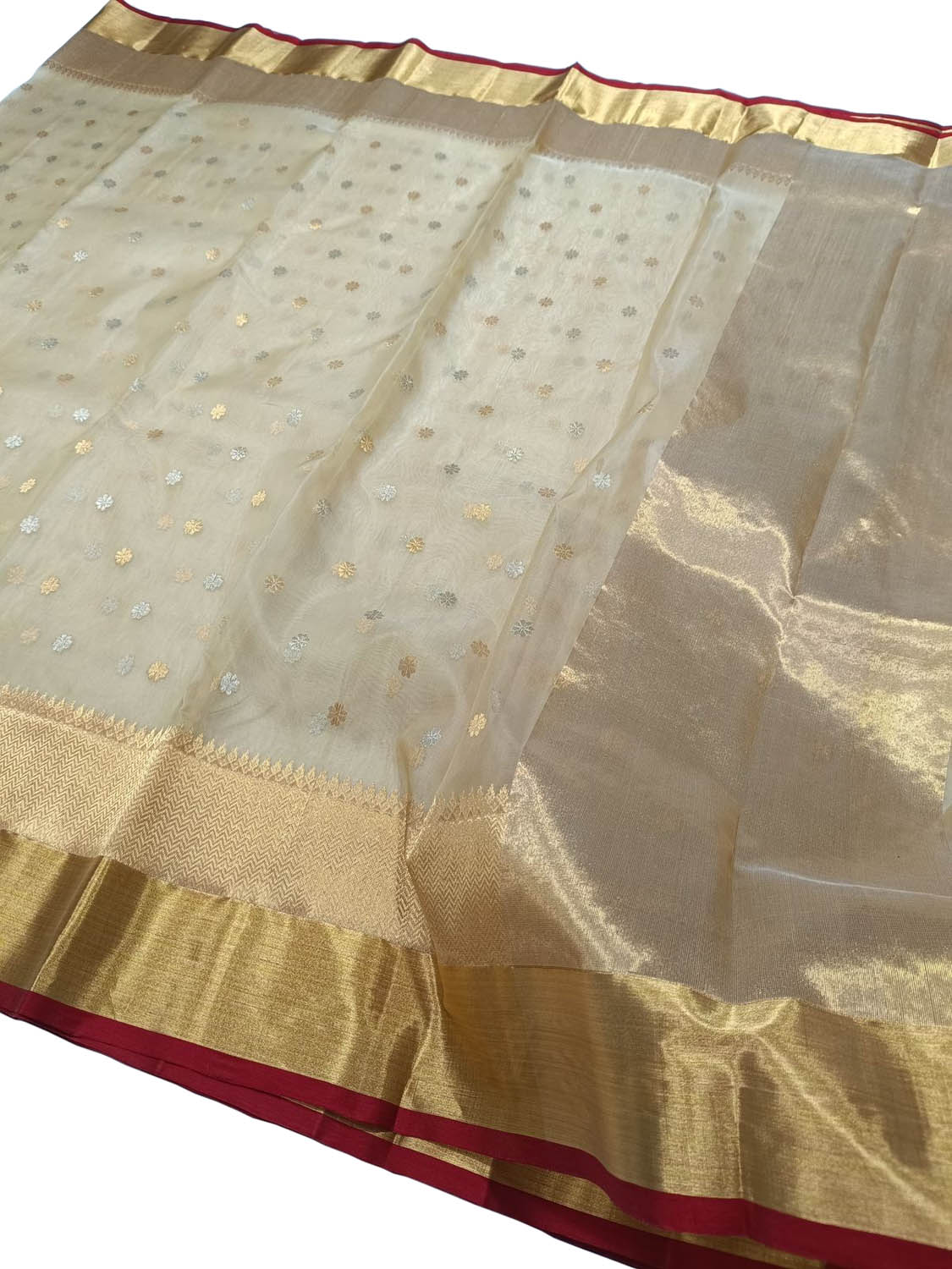 Golden Pure Pattu Silk Ek Naliya Handloom Chanderi Sona Roopa Saree - Luxurion World