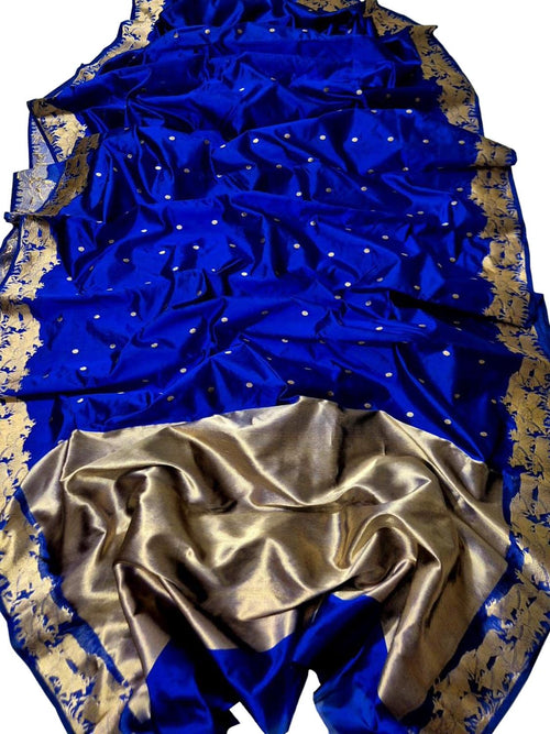 Blue Pure Pattu Silk Ek Naliya Handloom Chanderi Booti Design Saree - Luxurion World