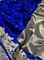 Blue Pure Pattu Silk Ek Naliya Handloom Chanderi Booti Design Saree - Luxurion World