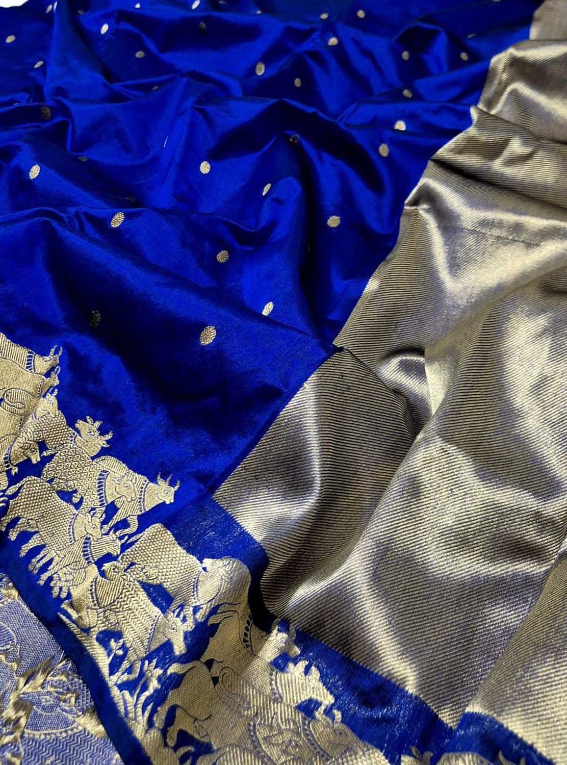 Blue Pure Pattu Silk Ek Naliya Handloom Chanderi Booti Design Saree - Luxurion World