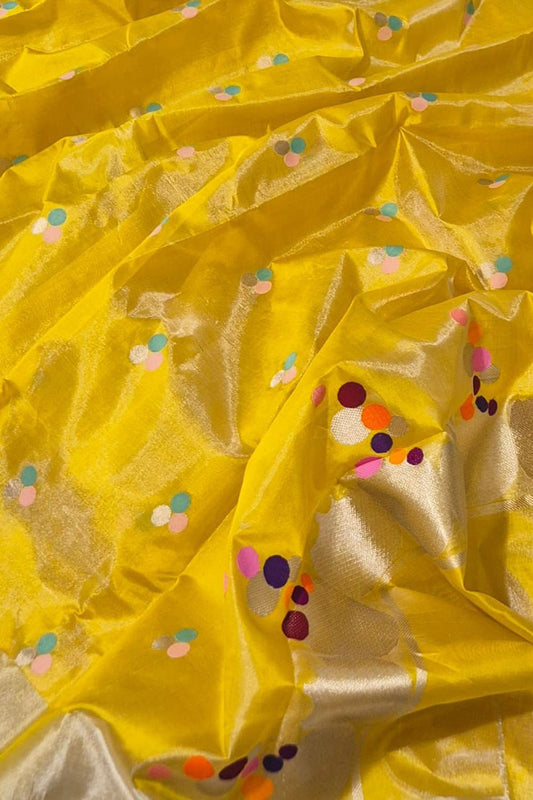 Yellow Pure Pattu Silk Ek Naliya Handloom Chanderi Saree - Luxurion World