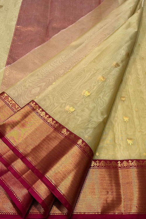 Golden Pure Pattu Silk Ek Naliya Handloom Chanderi Flower Design Saree - Luxurion World