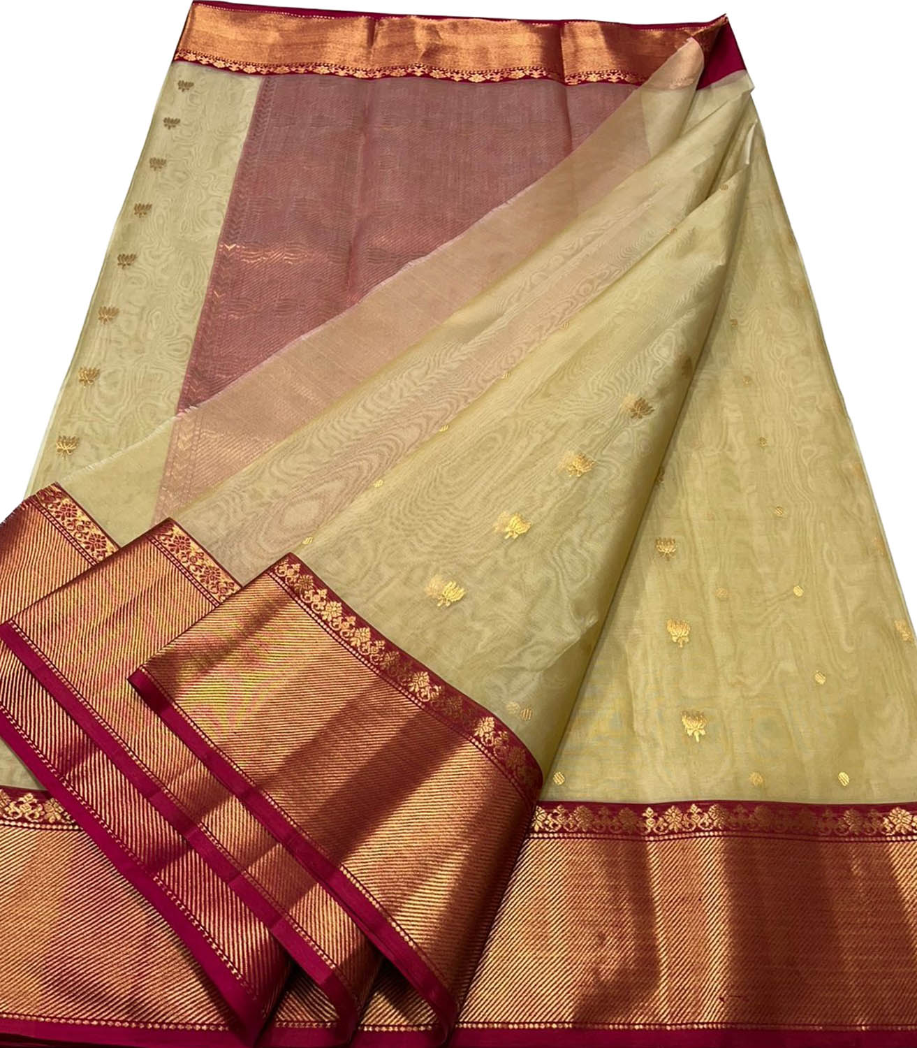Golden Pure Pattu Silk Ek Naliya Handloom Chanderi Flower Design Saree - Luxurion World