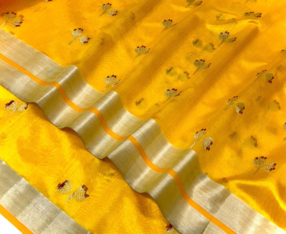 Yellow Chanderi Handloom Pure Pattu Silk Meenakari Saree - Luxurion World