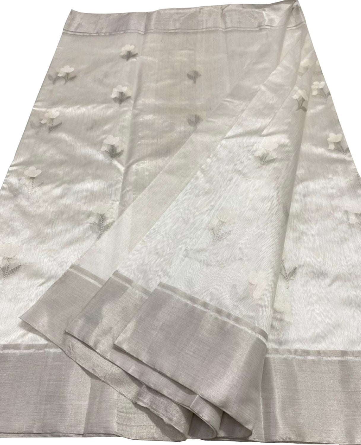 Off White Chanderi Handloom Pure Pattu Silk Meenakari Saree - Luxurion World