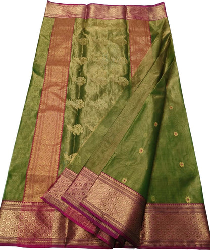Green Handloom Chanderi Tissue Katan Silk Saree - Luxurion World