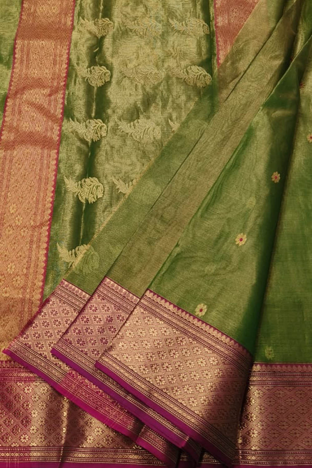 Green Handloom Chanderi Tissue Katan Silk Saree - Luxurion World