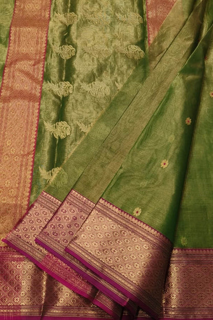 Green Handloom Chanderi Tissue Katan Silk Saree - Luxurion World