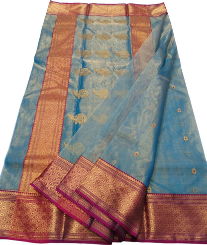 Blue Handloom Chanderi Tissue Katan Silk Saree - Luxurion World