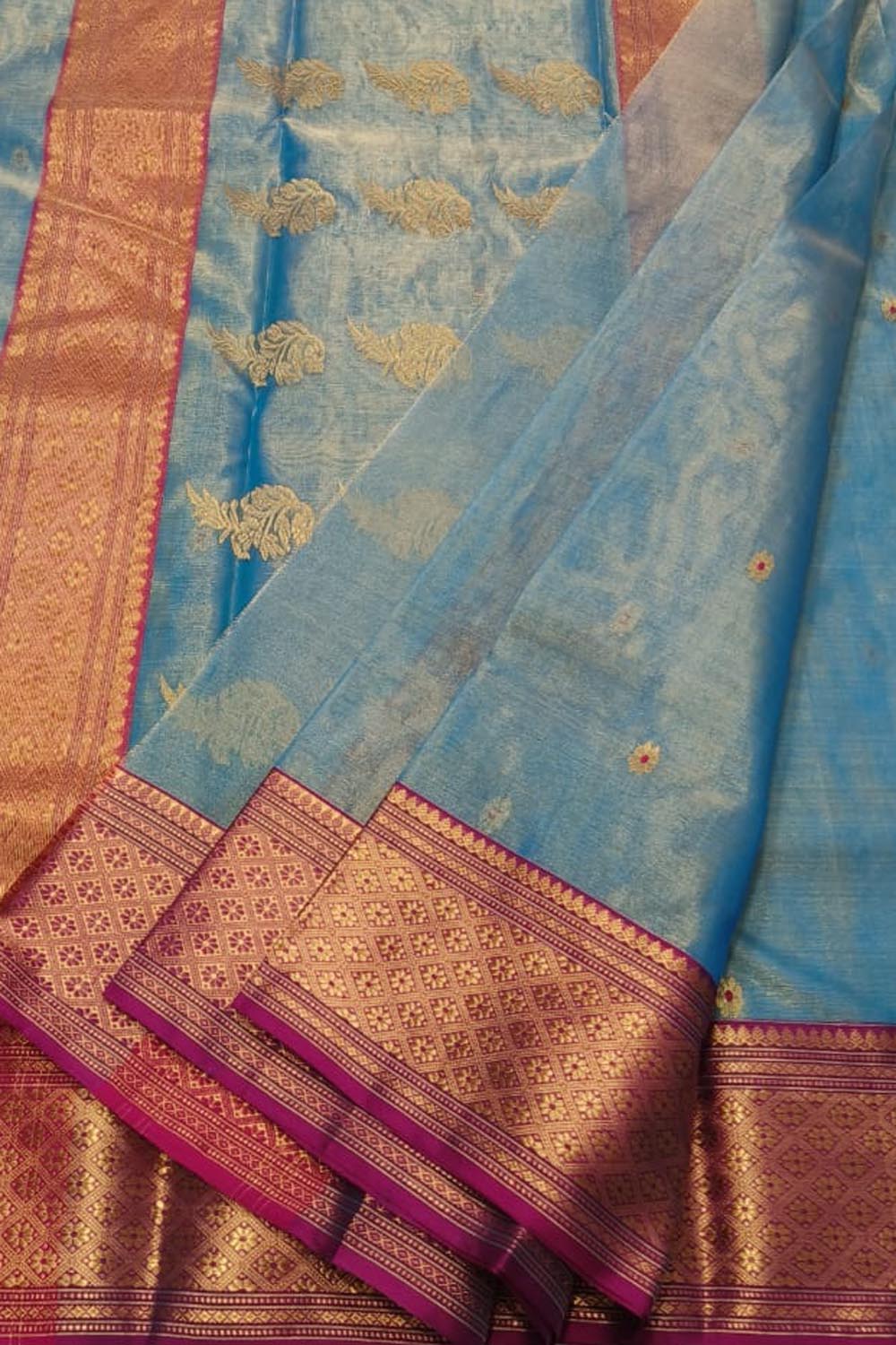 Blue Handloom Chanderi Tissue Katan Silk Saree - Luxurion World