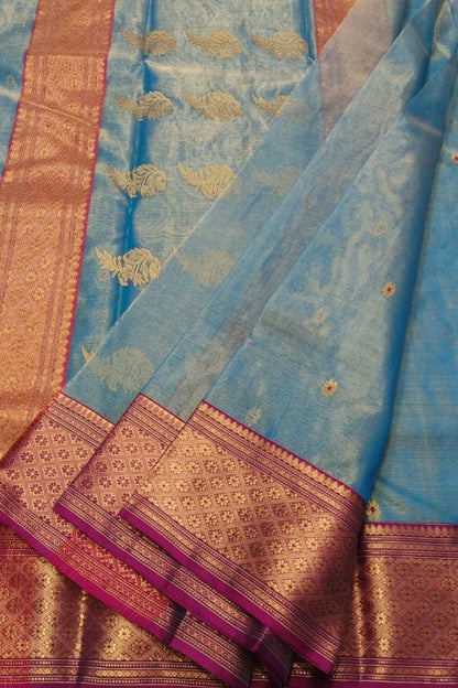 Blue Handloom Chanderi Tissue Katan Silk Saree - Luxurion World