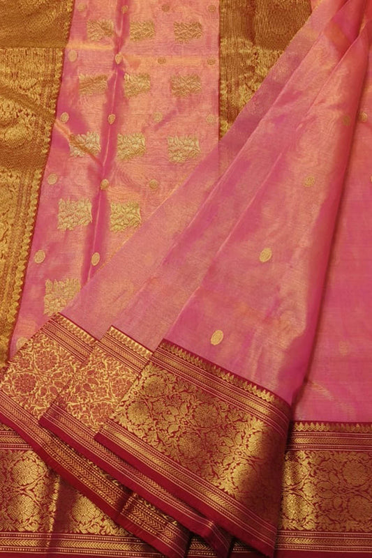 Beautiful Pink Handloom Chanderi Tissue Katan Silk Saree - Luxurion World