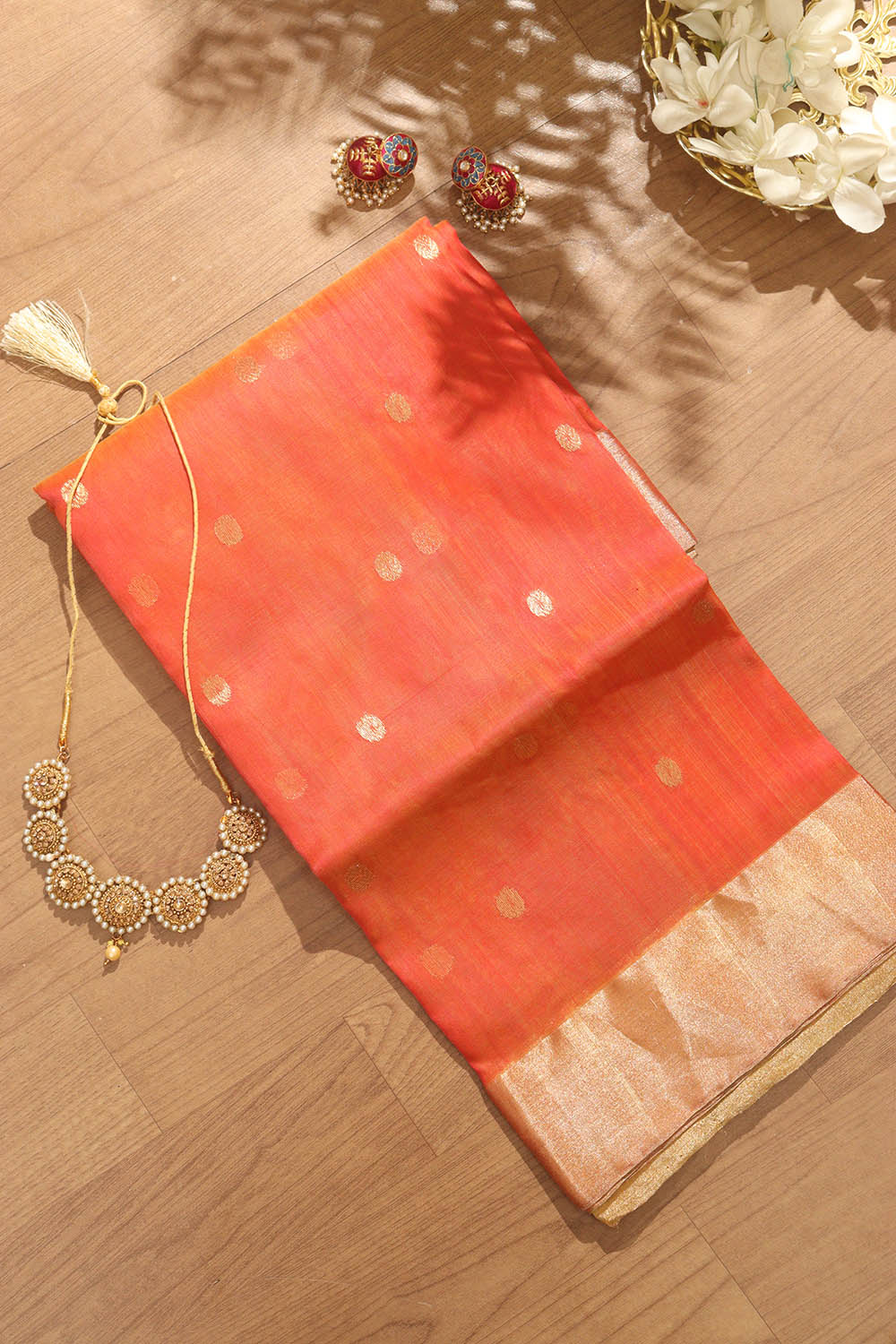 Pink And Orange Chanderi Handloom Pure Katan Silk Saree - Luxurion World