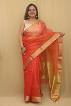 Pink And Orange Chanderi Handloom Pure Katan Silk Saree - Luxurion World
