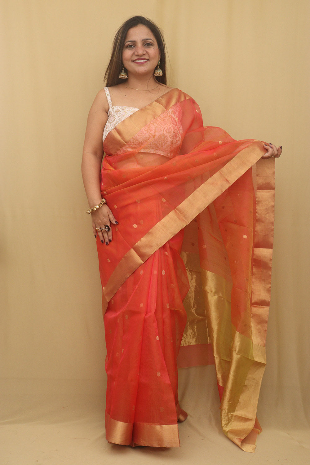 Pink And Orange Chanderi Handloom Pure Katan Silk Saree - Luxurion World
