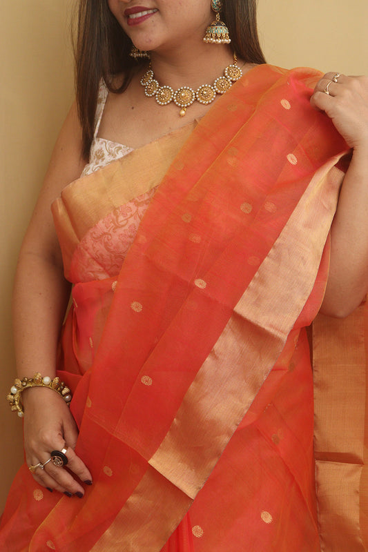 Pink And Orange Chanderi Handloom Pure Katan Silk Saree - Luxurion World