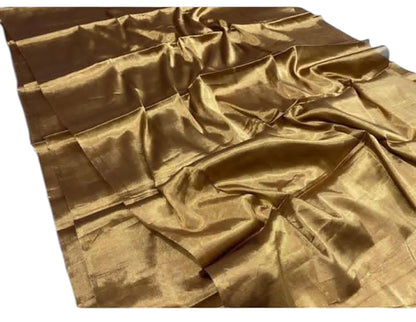 Golden Chanderi Handloom Pure Tissue Silk Saree - Luxurion World