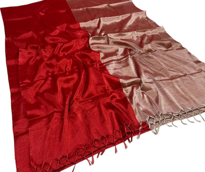 Red Chanderi Handloom Pure Tissue Silk Saree - Luxurion World
