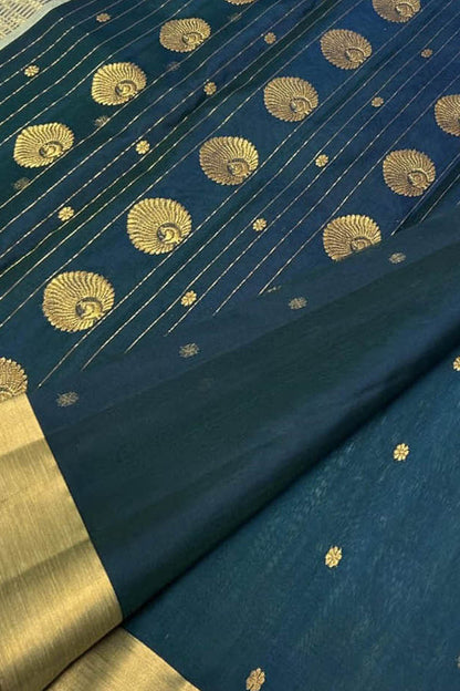 Blue Handloom Chanderi Pure Katan Silk Saree - Luxurion World