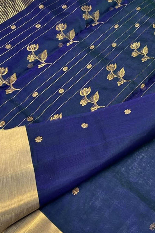 Blue Handloom Chanderi Pure Katan Silk Saree - Luxurion World
