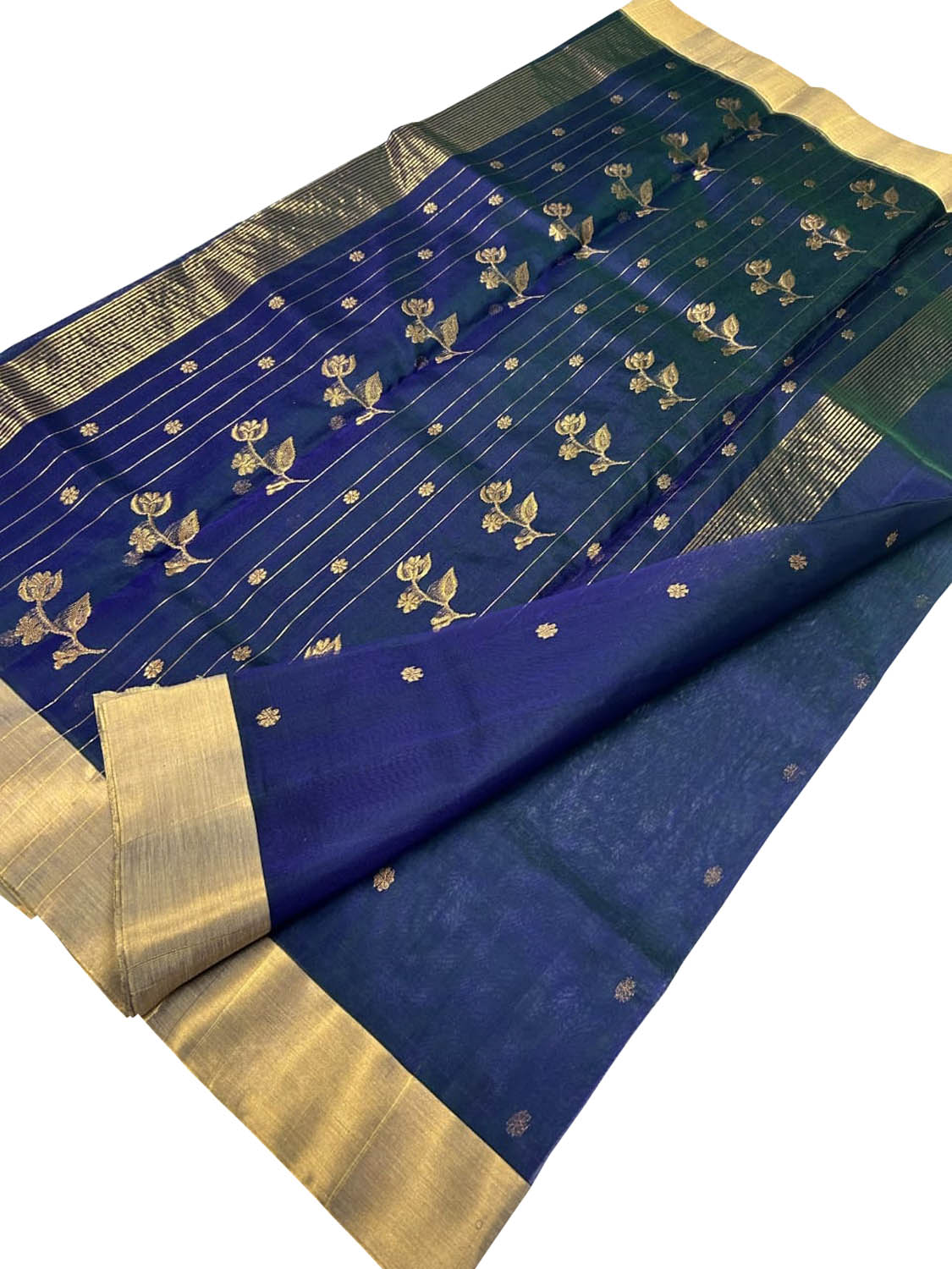 Blue Handloom Chanderi Pure Katan Silk Saree - Luxurion World