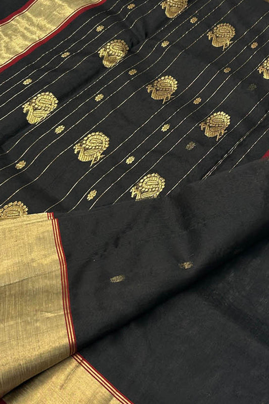 Elegant Black Handloom Chanderi Silk Saree - Luxurion World