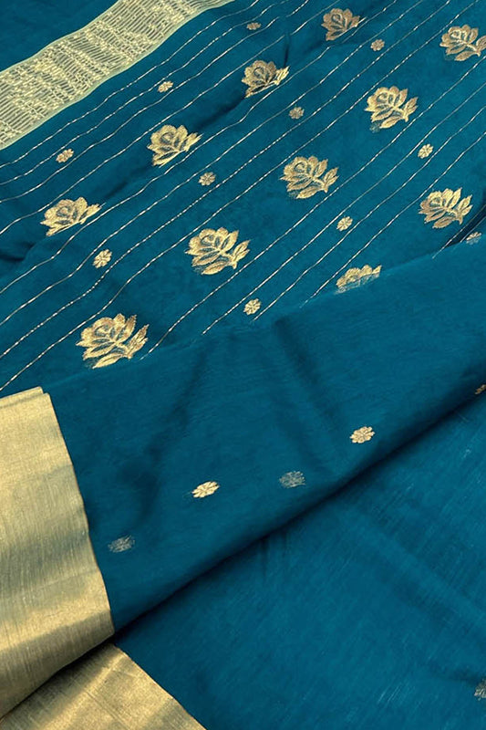 Blue Handloom Chanderi Pure Katan Silk Saree - Luxurion World