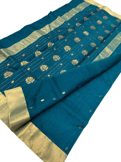 Blue Handloom Chanderi Pure Katan Silk Saree - Luxurion World
