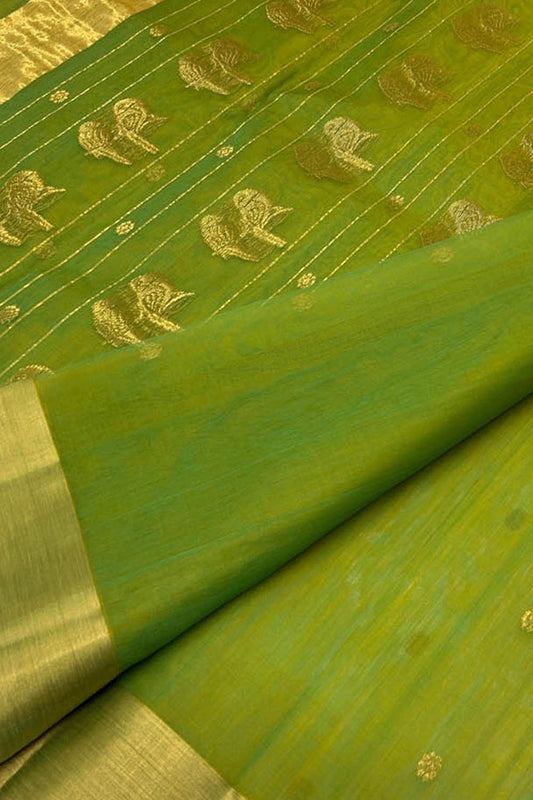 Green Chanderi Pure Katan Silk Saree - Handloom Beauty - Luxurion World