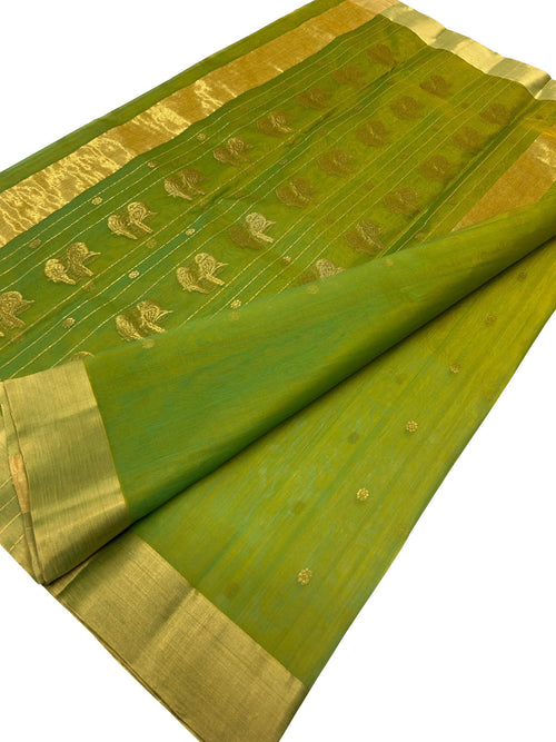 Green Chanderi Pure Katan Silk Saree - Handloom Beauty - Luxurion World