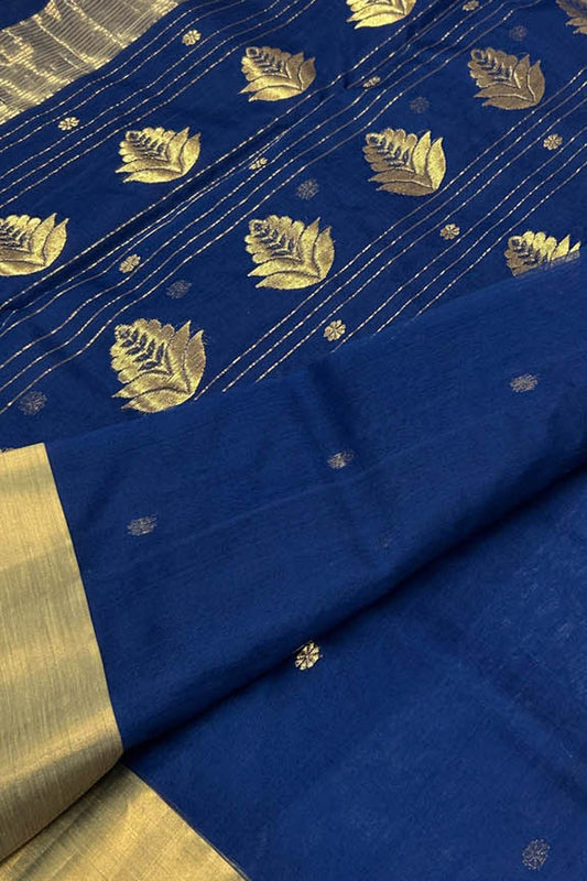 Blue Handloom Chanderi Pure Katan Silk Saree - Luxurion World
