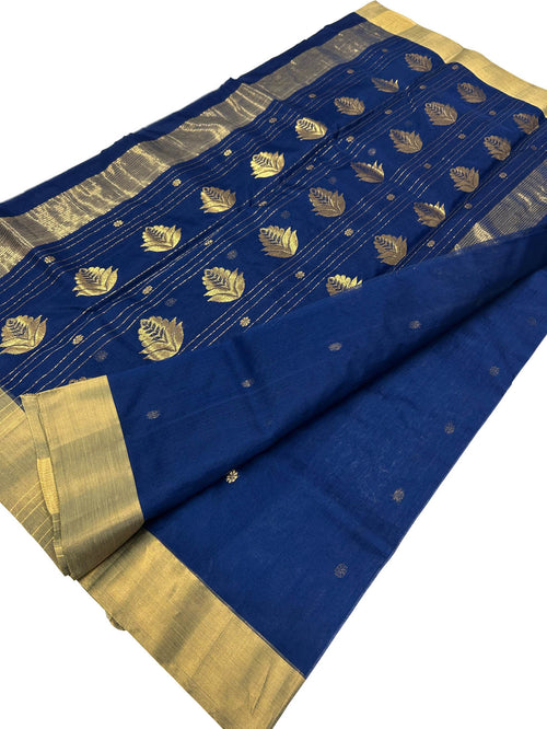 Blue Handloom Chanderi Pure Katan Silk Saree - Luxurion World