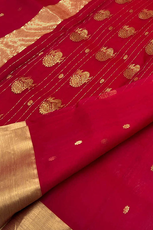 Handloom Chanderi Pure Katan Silk Saree - Red Beauty - Luxurion World