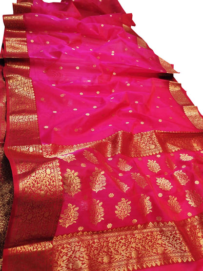 Exquisite Pink Pure Katan Silk Chanderi Handloom Flower Design Saree - Luxurion World