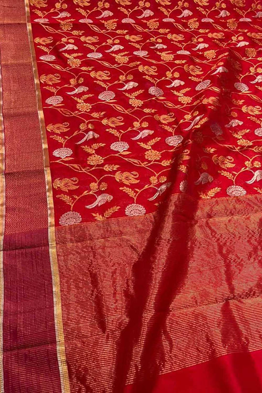Red Pure Katan Silk Chanderi Handloom Sona Roopa Flower Design Saree - Luxurion World