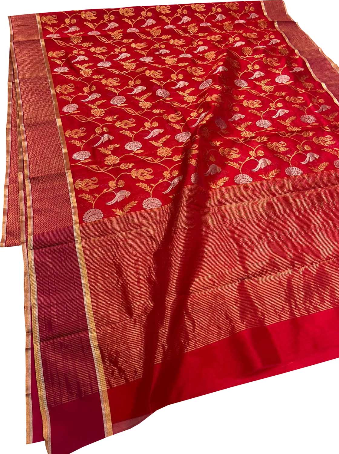 Red Pure Katan Silk Chanderi Handloom Sona Roopa Flower Design Saree - Luxurion World