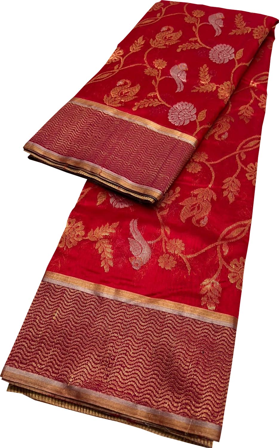 Red Pure Katan Silk Chanderi Handloom Sona Roopa Flower Design Saree - Luxurion World